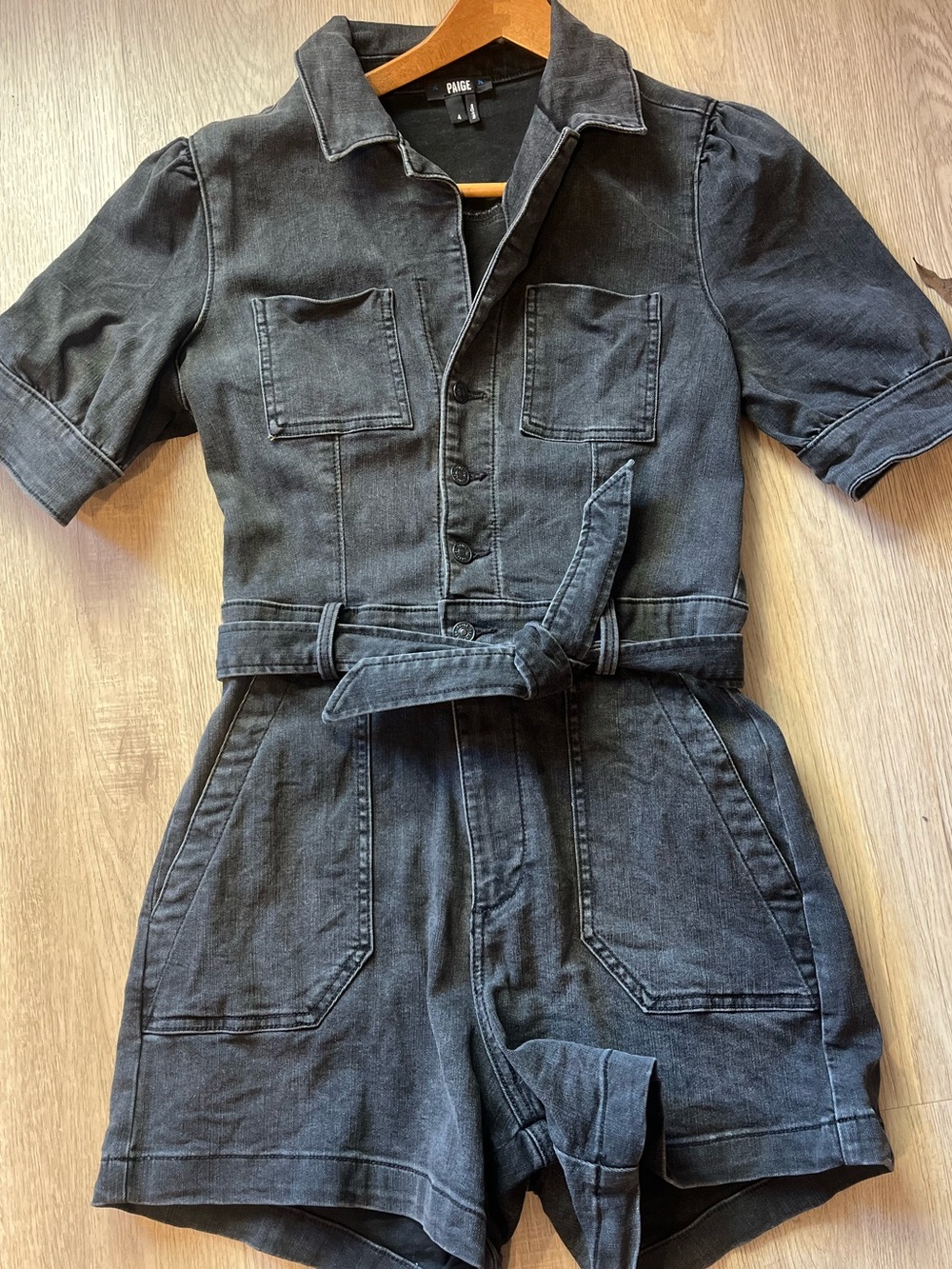 PAIGE Washed Black Denim Short Sleeve Romper with Tie Waist